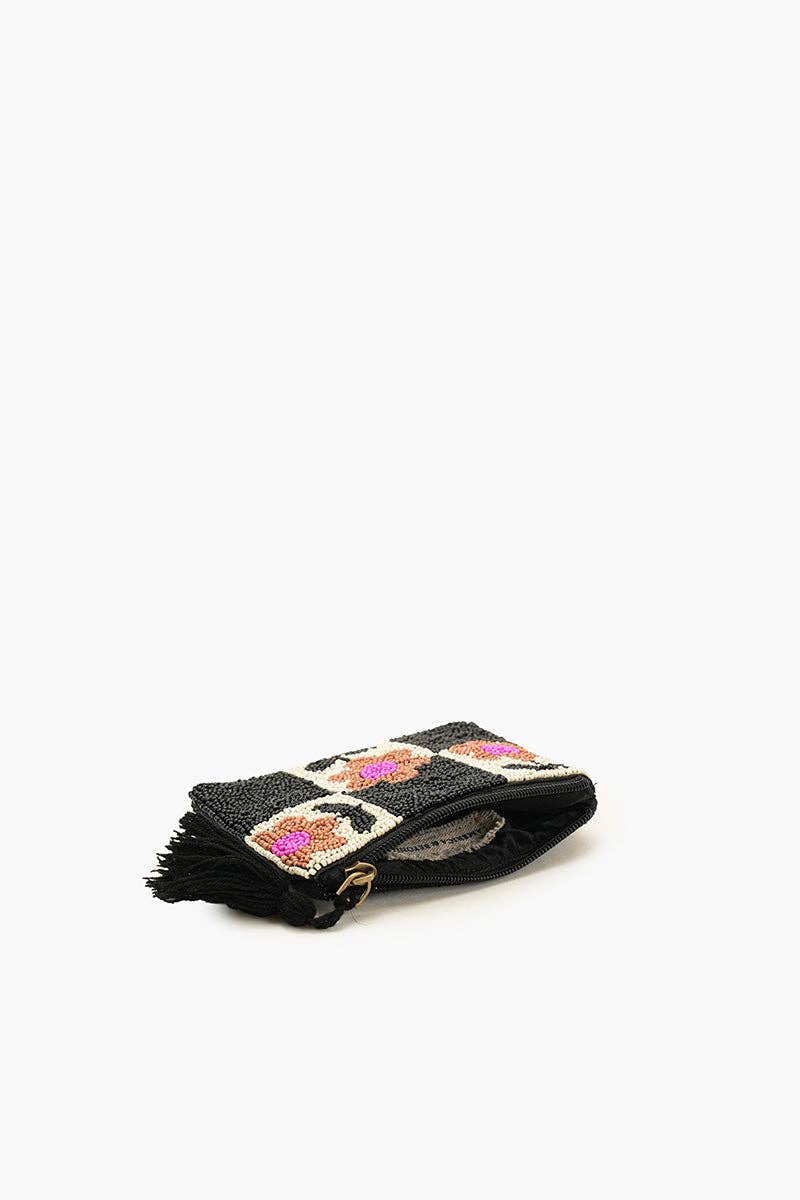 Floral Check Beaded Coin Pouch