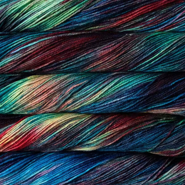 Close up of Malabrigo Arroyo sport/dk yarn in the color camaleon