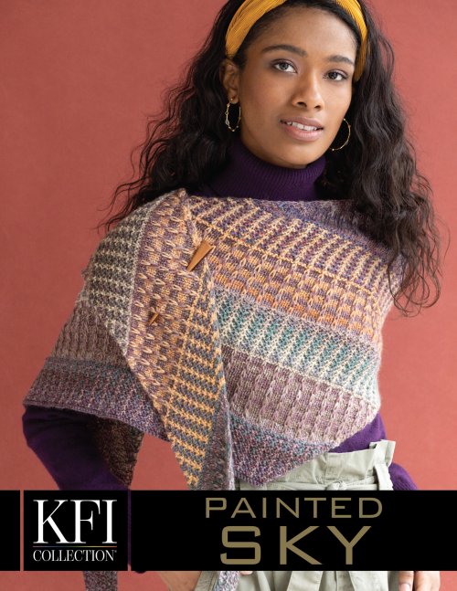 This beautiful mosaic knitted shawl pattern is a perfect addition to any wardrobe. Yarn: 100% wool yarn.  Painted Sky by KFI Collection 