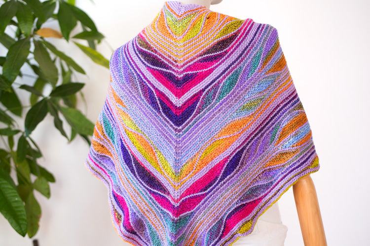 This beautiful knitted butterfly shawl looks lovely in either a long transition mutli-colorway or in placed color. This best selling Butterfly Shawl Kit is Designed by Marin Melchior. Knit Kit includes the Butterfly Shawl Knit pattern (downloadable PDF file - link sent to you once purchased).