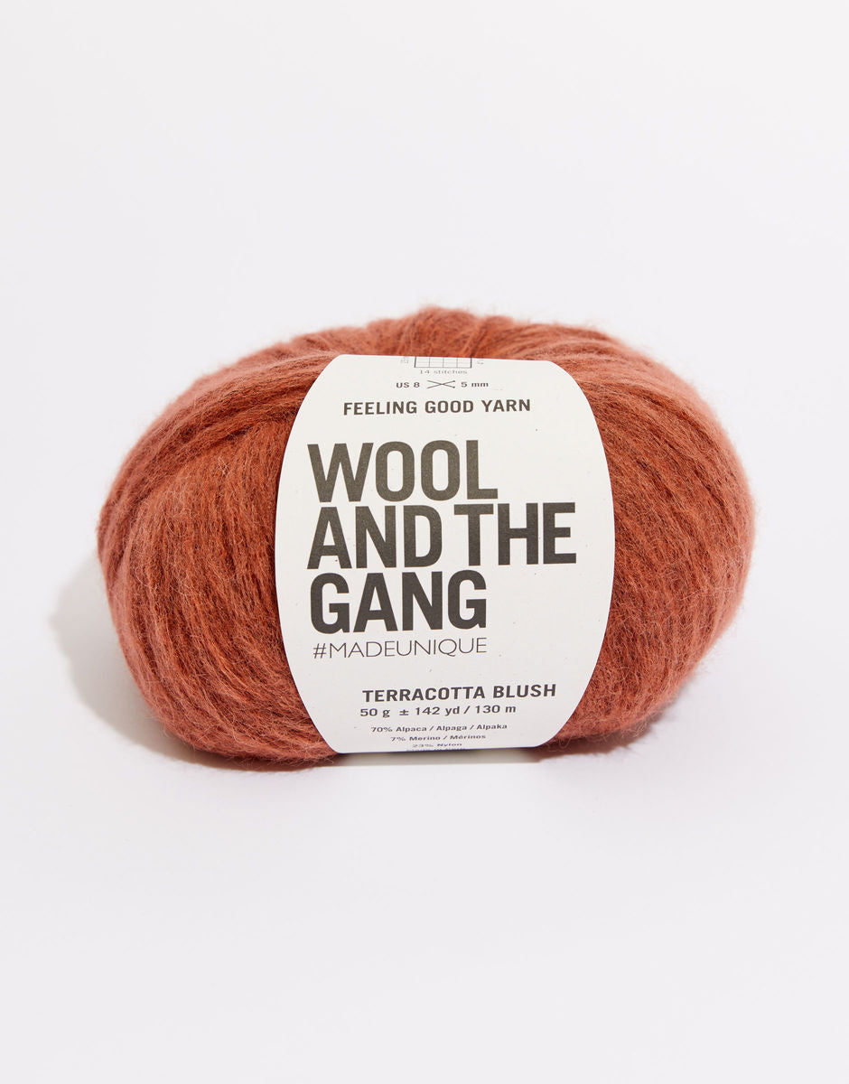 Feeling Good yarn, by Wool and the Gang is a Alpaca Yarn and Merino Yarn Blend.  Great for knit patterns or crochet patterns.  This soft yarn happen to be super fluffy but delightfully durable thanks to our gorgeous blend of alpaca, merino and nylon. 
