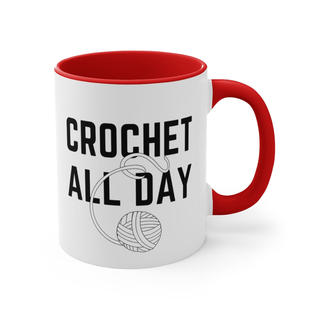 Crochet All Day says it all.  This crochet mug is a perfect holiday gift for a crafter.  Cozy up with your favorite hot beverage and your favorite yarn. Get your crochet gift for your coffee lover friend or yourself.